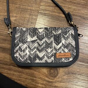 Eddie Bauer Women's white and Gray Patterned wallet with crossbody strap